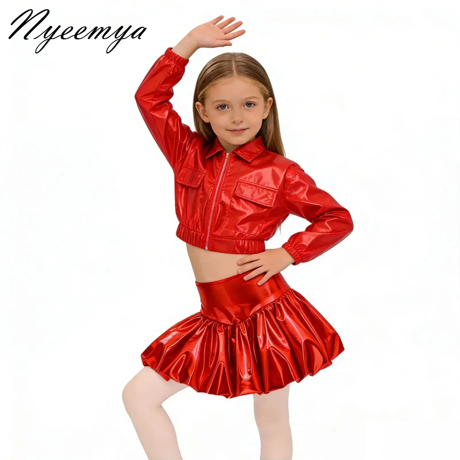 

Teen Sequins Jazz Latin Ballet Dance Suits Shiny Metallic /JacketCrop Top with Bubble Skirt Jazz Performance Competition Costume