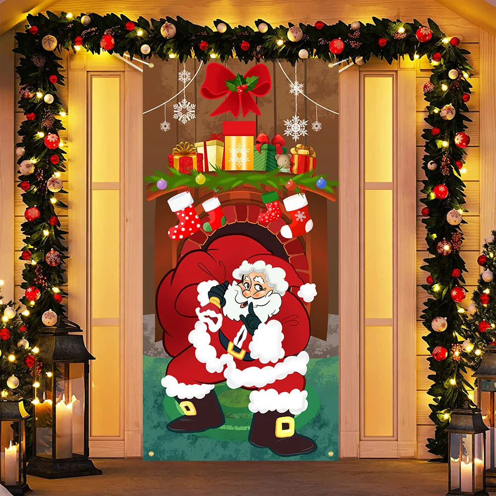 Christmas Door Flags Curtains Flags Hanging Cloth Santa Claus Snowman Merry Christmas Print for Family Party Background Decor