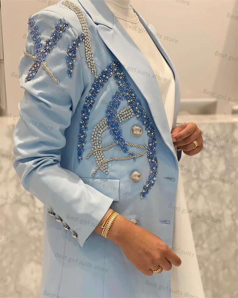 Traje de pantalón azul cielo de cristales para mujer, conjunto de Blazer y pantalones blancos, 2 piezas, esmoquin Formal para oficina, boda, vestido de graduación, chaqueta hecha a medida