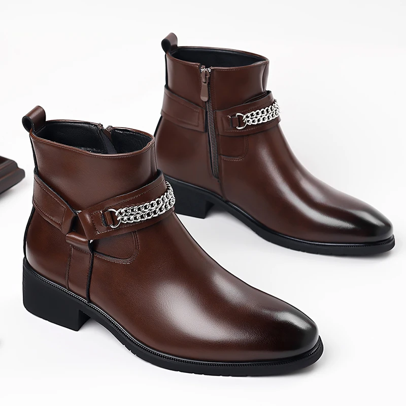 English Style Chelsea Short Boots for Men Black Brown Men High Top Fashionable Metal Decoration Pointed Boots Social Boots Men