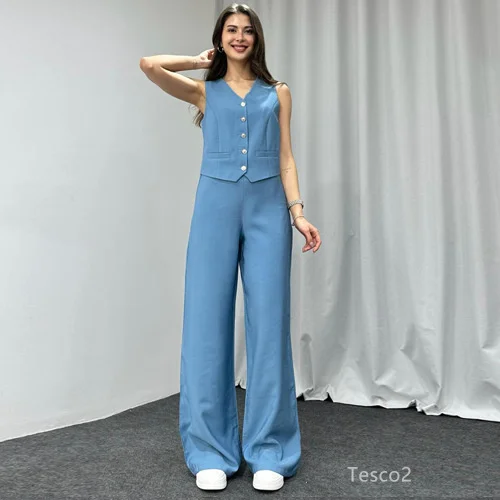 Tesco Frühling Sommer Damen Hosen Sets solide ärmellose Weste hohe Taille Bein Hosen 2 Stück weibliche lässige Outfits Büro-Sets