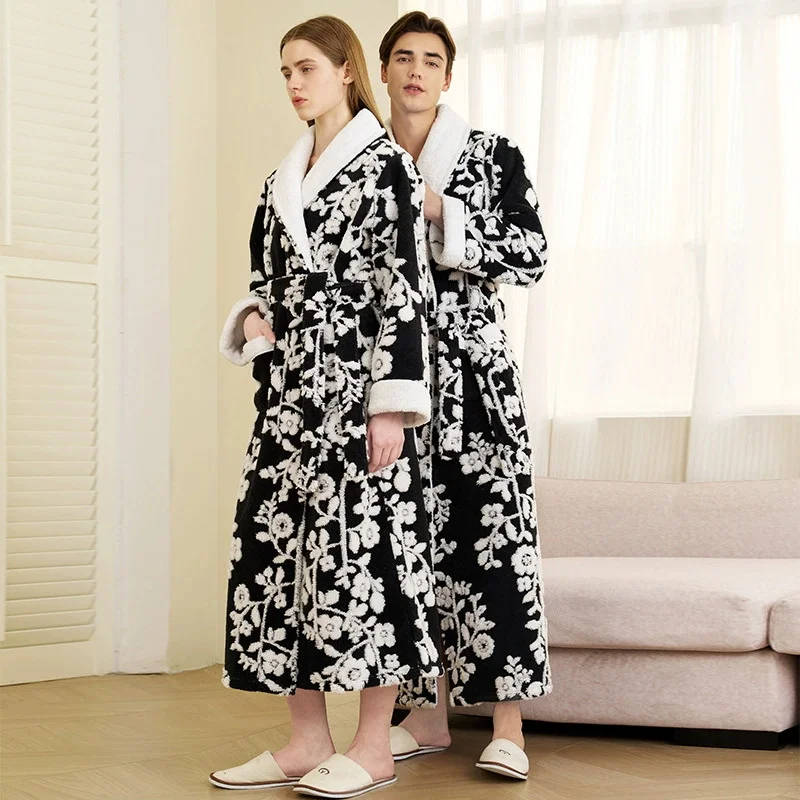 

Winter Warm Coral Fleece Long Robe Couple Sleepwear Thick Flannel Jacquard Bathrobe Nightwear Loose Casual Homewear Lounge Wear
