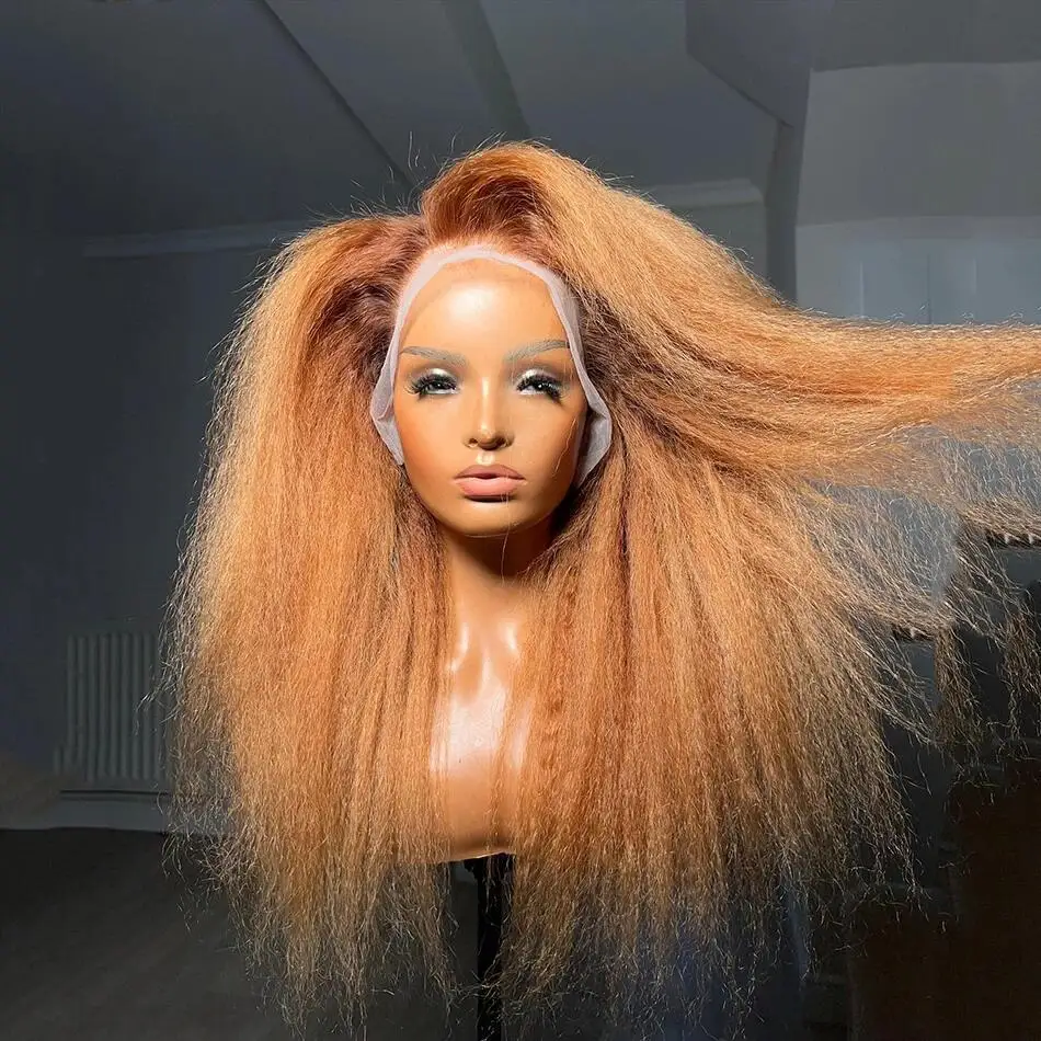 Long Kinky Straight Ombre Blonde Yaki Glueless 180Density 26inch Deep Lace Front Wig For Women With Baby Hair Preplucked Daily