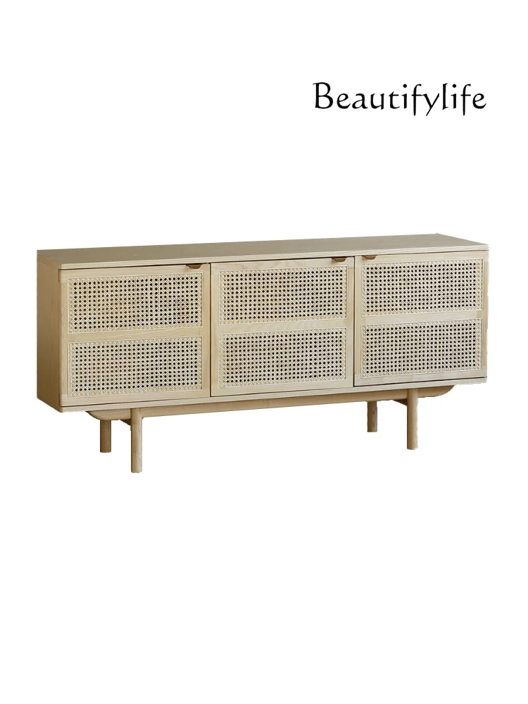 

Nordic Style Solid Wood Sideboard Home Living Room Small Apartment French Style Mid-Ancient Rattan Storage Cabinet