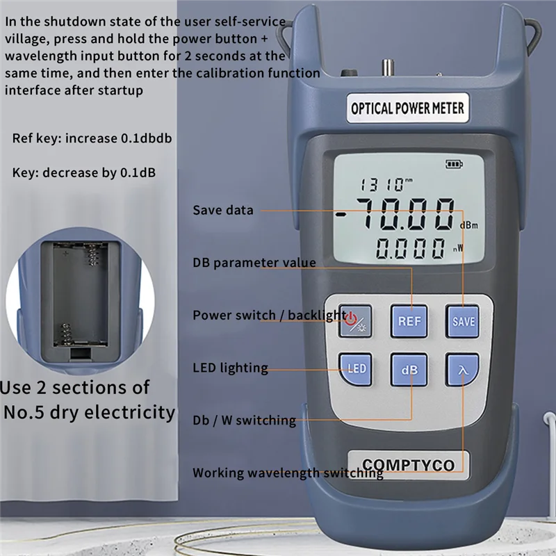 

COMPTYCO Handheld Optical Power Meter Optical Fiber Tester Optical Attenuation Test with FC/SC Adapter(OPM -70 -+10DBm)