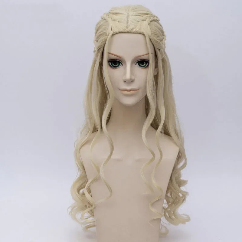 Peluca de Cosplay de Dragon Mother Daenerys Targaryen, pelo rubio ondulado largo, disfraz de fiesta de Halloween, gorro