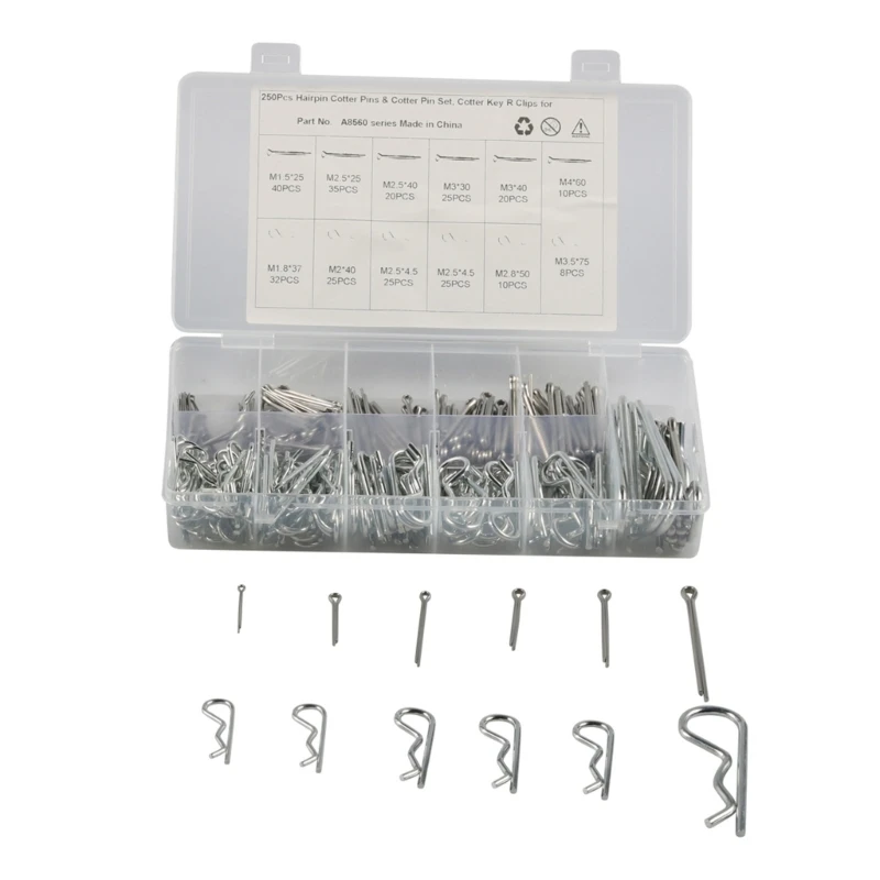 Stainless Cotter Pin Clip Hair Pins Assortment Kit Including 5 Sizes 100pcs Cotter Pins & 6 Sizes 150pcs Hairpin