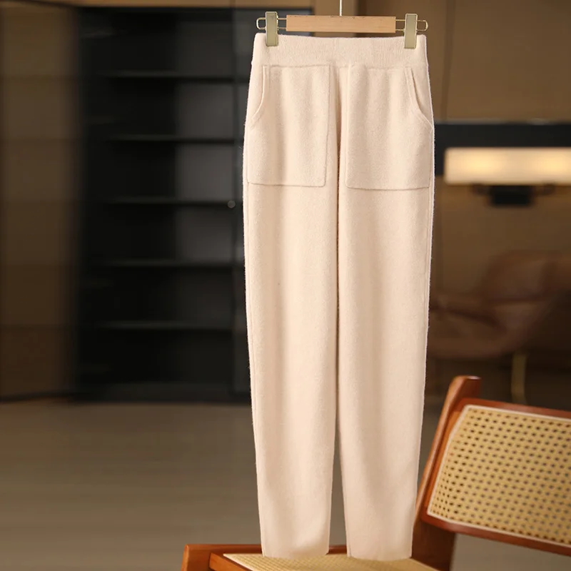 

Women's Wool Pencil Pants Autumn Winter 100% Merino Wool Knitted Trousers Thick Soft Warm Office Lady Pocket Casual Style Pants