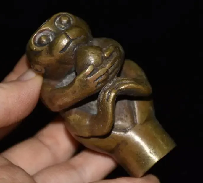 Chinese Zodiac Monkey Brass Copper Hand Carved Cane Walking Stick Monkey Head Handle Statue