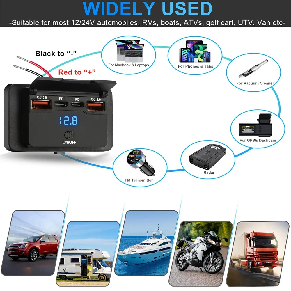 USB Outlet Dual QC3.0 PD USB A & USB C Ports Car Charger Socket Panel with Voltage Display for 12V/24V Auto Boat Marine RV