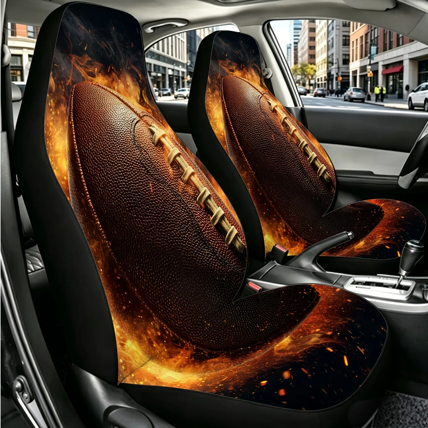 2pcs Flame-Surrounded Brown Rugby Dynamic Design Car Seat Covers, Universal Size For SUVs, Trucks, And Sedans, Digitally Printed