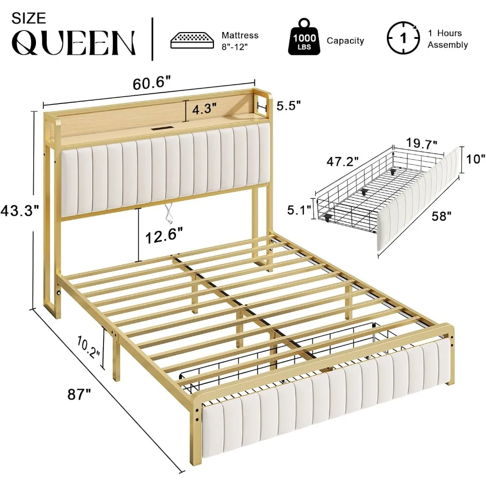 Bed Frame with Motion Activated Light, LED Platform Bed with Integrated Drawer and Storage Headboard, Charging Station