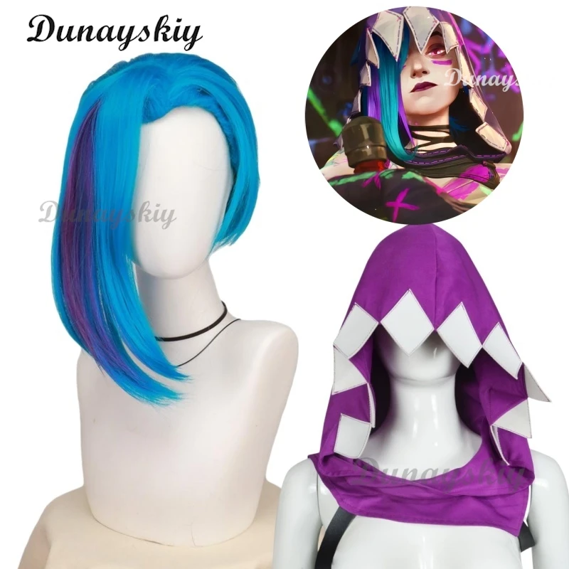 Arcane Seizoen 2 Jinx Front Lace Pruik Game Cosplay Vrouwen Blauw 45 cm Bang Kort Hittebestendig Haar Jinx Met Hoed Cosplay Aangepast