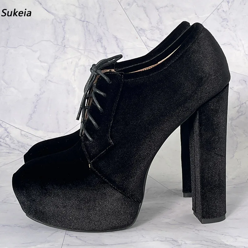 

Sukeia/женские туфли-лодочки ручной работы на платформе, красивые черные туфли для вечеринок на массивном высоком каблуке с круглым носком, женские размеры США, большие размеры 5-20