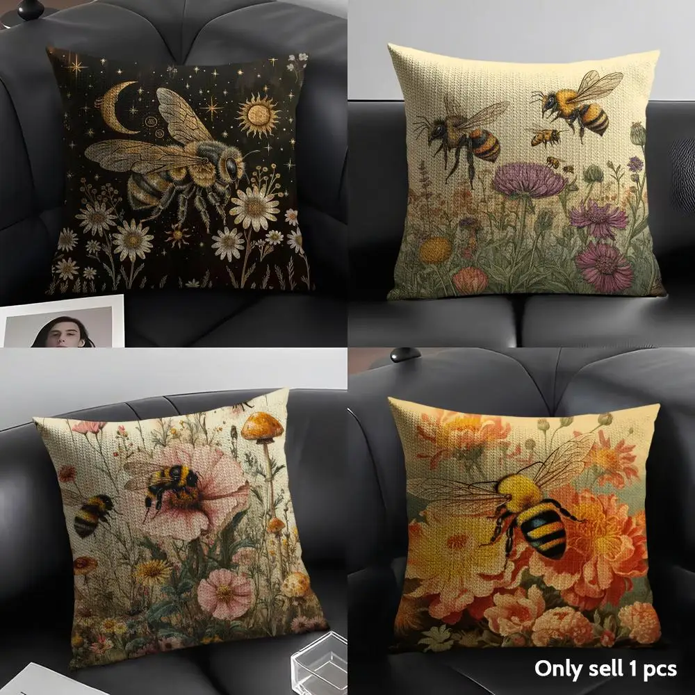Housse de coussin vintage splendide Bee Festival, taie d'oreiller en lin naturel, tissu biologique, imprimé double face, décoration de canapé, cadeau pour la maison