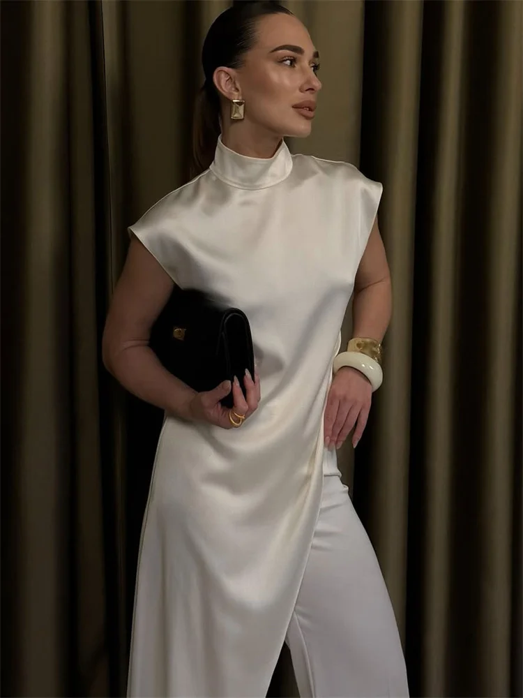 Tossy Casual Sleeveless Satin Maxi Dress Female Turtleneck Patchwork Slim Fashion Solid Commute Dress For Women Long Dress 2025