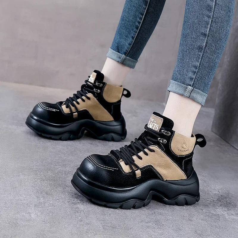 Krasovki 6cm Genuine Leather Wedge Fashion Boots Wide Toe Ankle Booties Ethnic Platform Women Autumn Spring ZIP Motorcycle Shoes image 5
