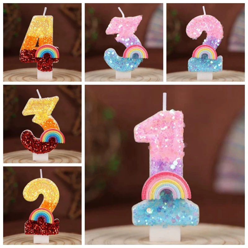 1 STÜCK Geburtstagszahl 0-9 Kerzen Regenbogenthema Geburtstagskerzen für Kuchen Rosa Grüne Ziffer Kerze Kuchendeckel mit Pailletten