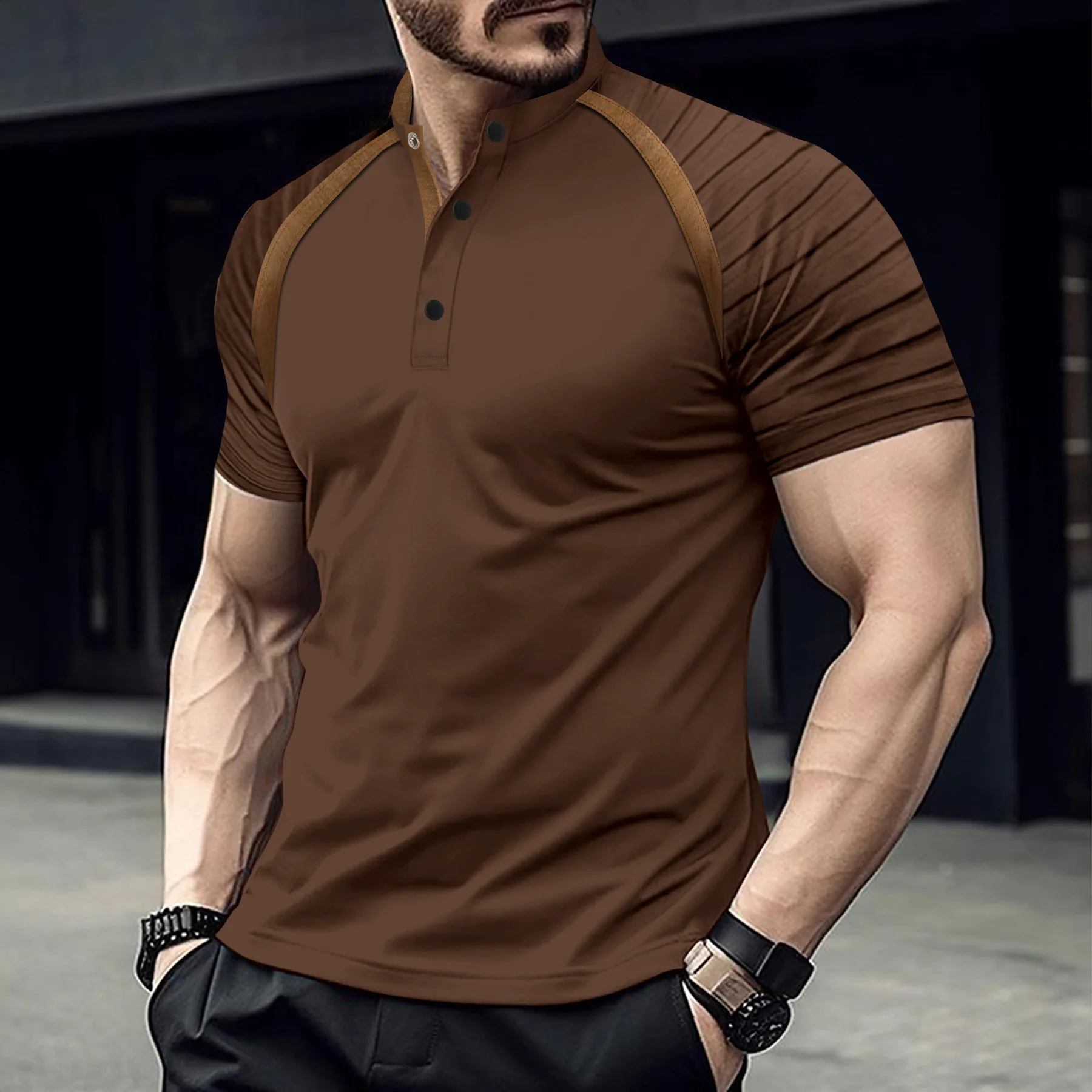 Men's Casual Henley Collar T Shirt Fashion Raglan T Shirt Plain Slim Daily Short Sleeve Tshirt Patchwork Tops Tees Mens Clothing
