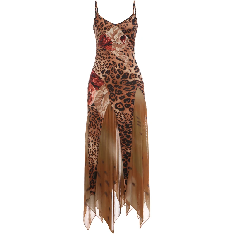 Sisterlinda Buntes Kleid mit Leopardenmuster für Damen, modisch, Patchwork, unregelmäßiger Saum, tiefer Ausschnitt, Trend, Urlaub, Party, Clubwear – Detail 2