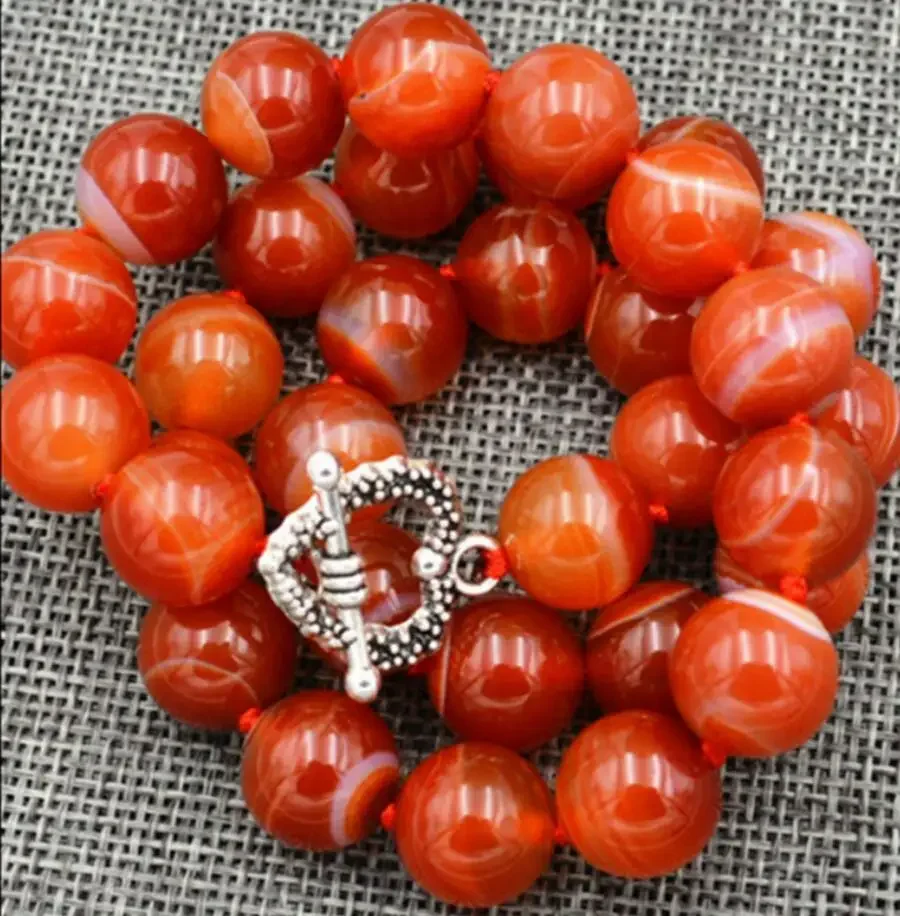 Natural 12mm red striped agate Agate Round gem Beaded Necklace 18“