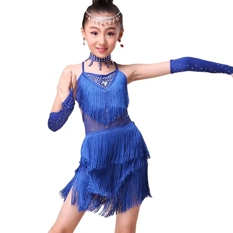 Robe à pampilles de danse latine à paillettes pour enfants, tenue de danse tango, costume de scène, mode pour filles, Cha Cha, Salsa