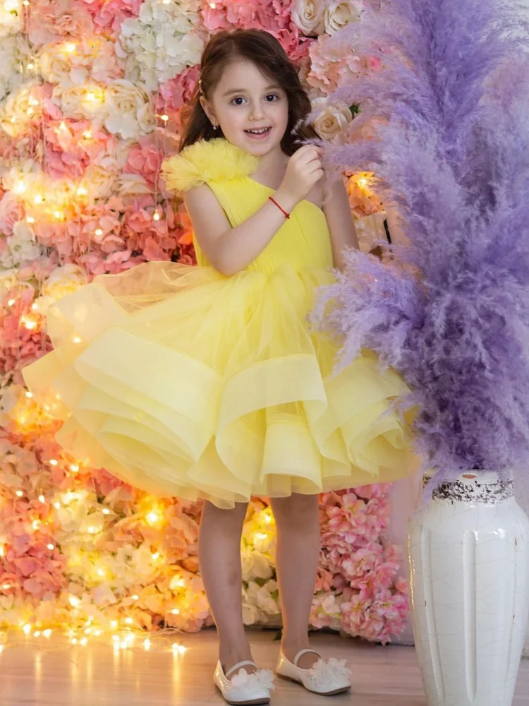 Vestidos De Menina De Flor Amarela, Tule Inchado, Em Camadas, Ombro Único, Casamento, Festa De Aniversário, Vestidos De Primeira Comunhão