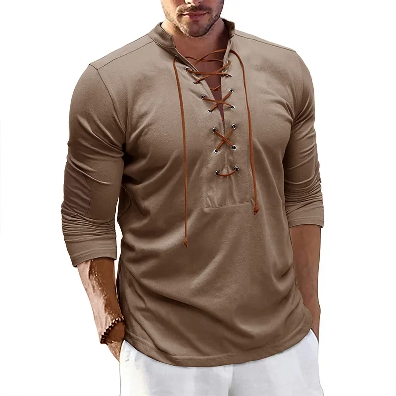 LIBIELIY 2025 Spring Men Long Sleeve Vintage T Shirt Autumn Henry Collar Tops Tees Casual High Street Oversized Men Beach Holida