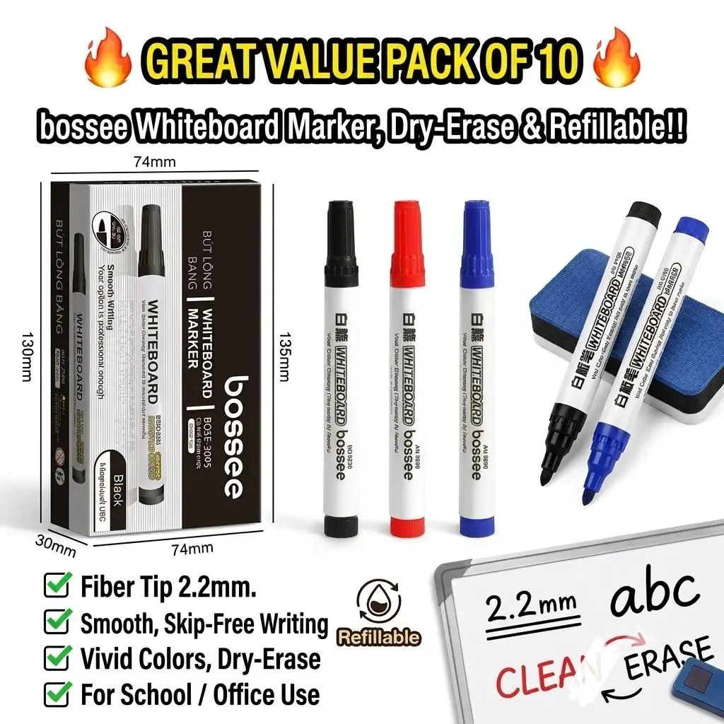 Whiteboard Marker Pen Set 10Pcs ,Dry Erase Refillable,Bullet Tip 2.2mm,Blackboard Eraser Pen for School and Office
