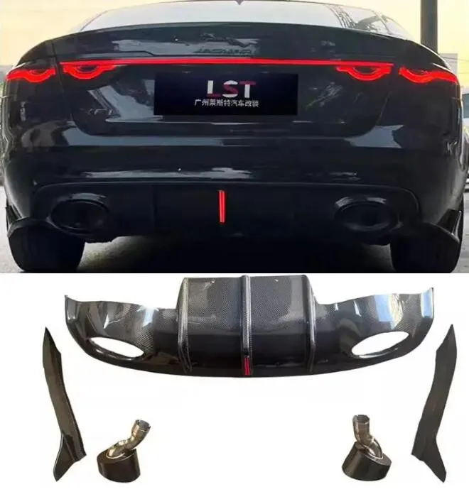 

For Jaguar XF 2016 2017 2018 2019 Real Carbon Fiber Rear Bumper Trunk Diffuser Lip Spoiler Cover With Exhaust Tips RS BodyKit