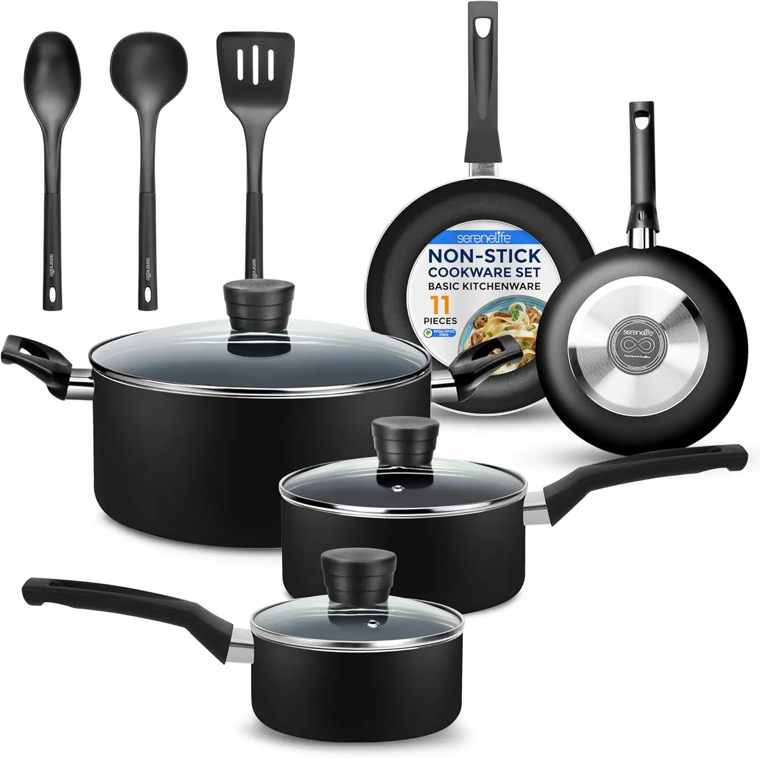 

11-Piece Non-Stick Cookware Set with Heat-Resistant Coating, Black, Universal for All Cooktops