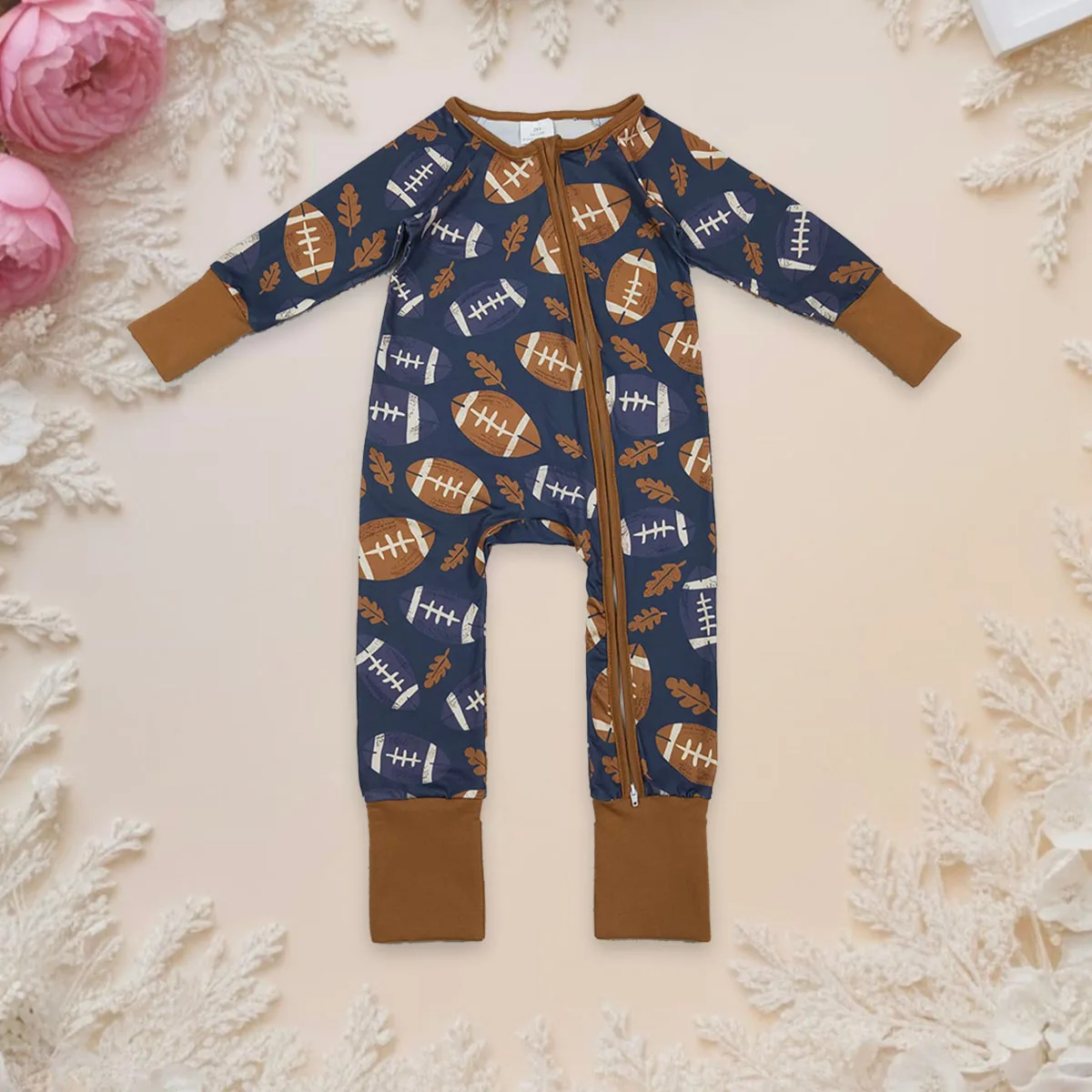 

Цельный комбинезон для новорожденных малышей с листьями, футбольные мячи, осенний комбинезон, детский комбинезон с длинными рукавами на молнии для младенцев, оптовая продажа