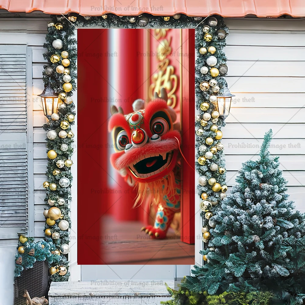Happy Chinese New Year Theme Photography Background Dragon Lion Dance Lantern Red Door Cover Party Decoration Banner Prop Gifts