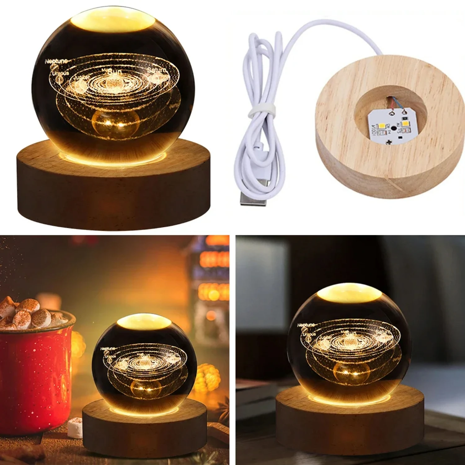 Gorgeous Magical Crystal Ball Night Light with Milky Way System 3D Engraving - Stunning Crystal Ball Lamp on Wooden Base for USB