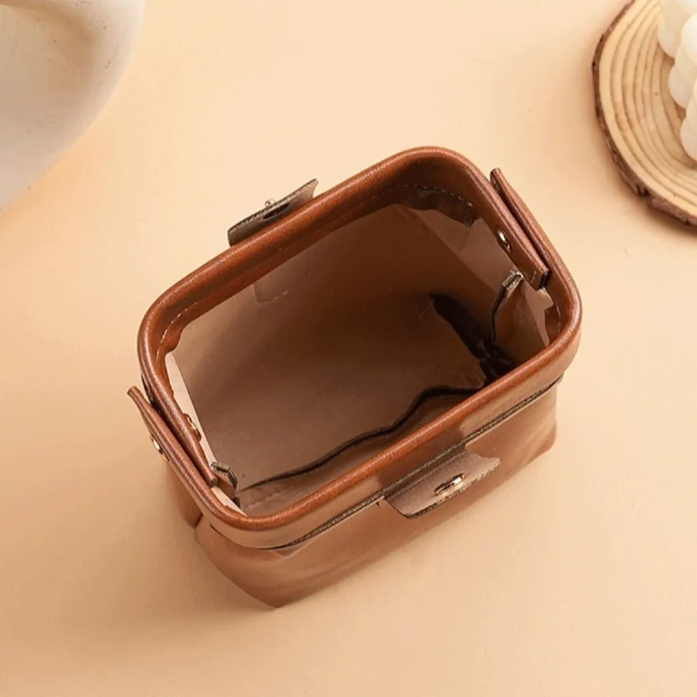 Fashion Vintage PU Leather Cosmetic Bag Button Solid Color Coin Purse Large Capacity Makeup Organizer Box