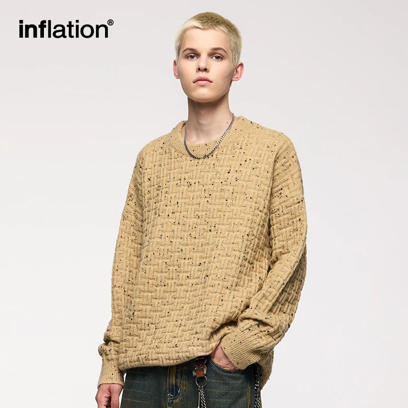 INFLATION Waffle Sweater Unisex Loose Crewneck Soft Knit Sweater Men Pullovers Top Casual