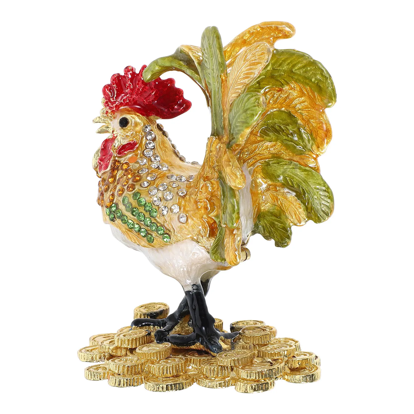 Enameled Alloy Rooster Trinket Box Hinged Jewelry Storage Box Hand Painted Decorative Animal Ornament for Dresser Tabletop