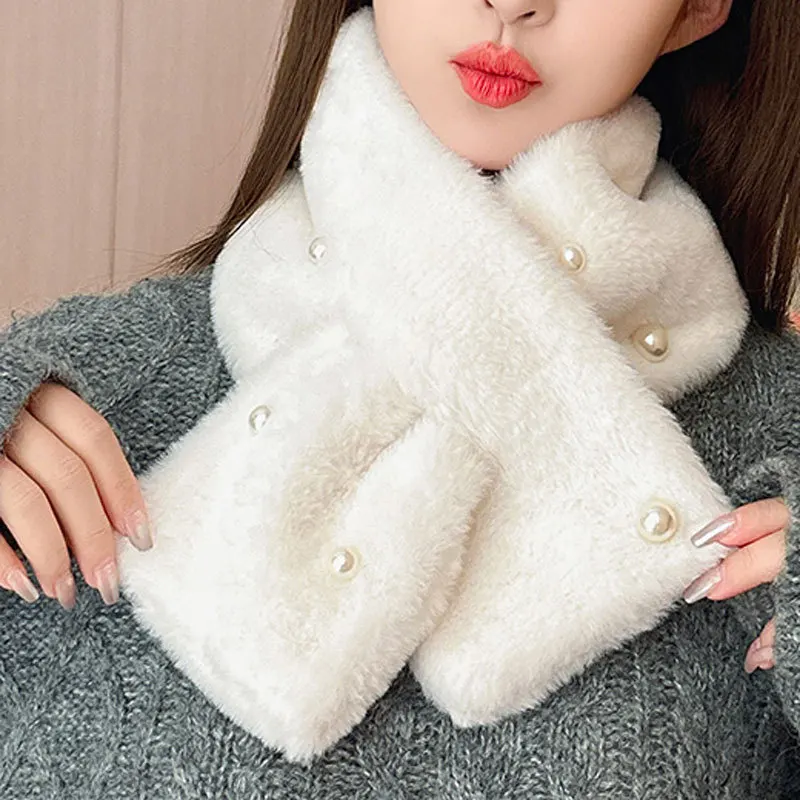 Korean Solid Pearl Faux Rabbit Fur Cross Neck Protection Warm Plush Scarf Women Winter Outdoor Windproof Thicken Fake Collar Bib