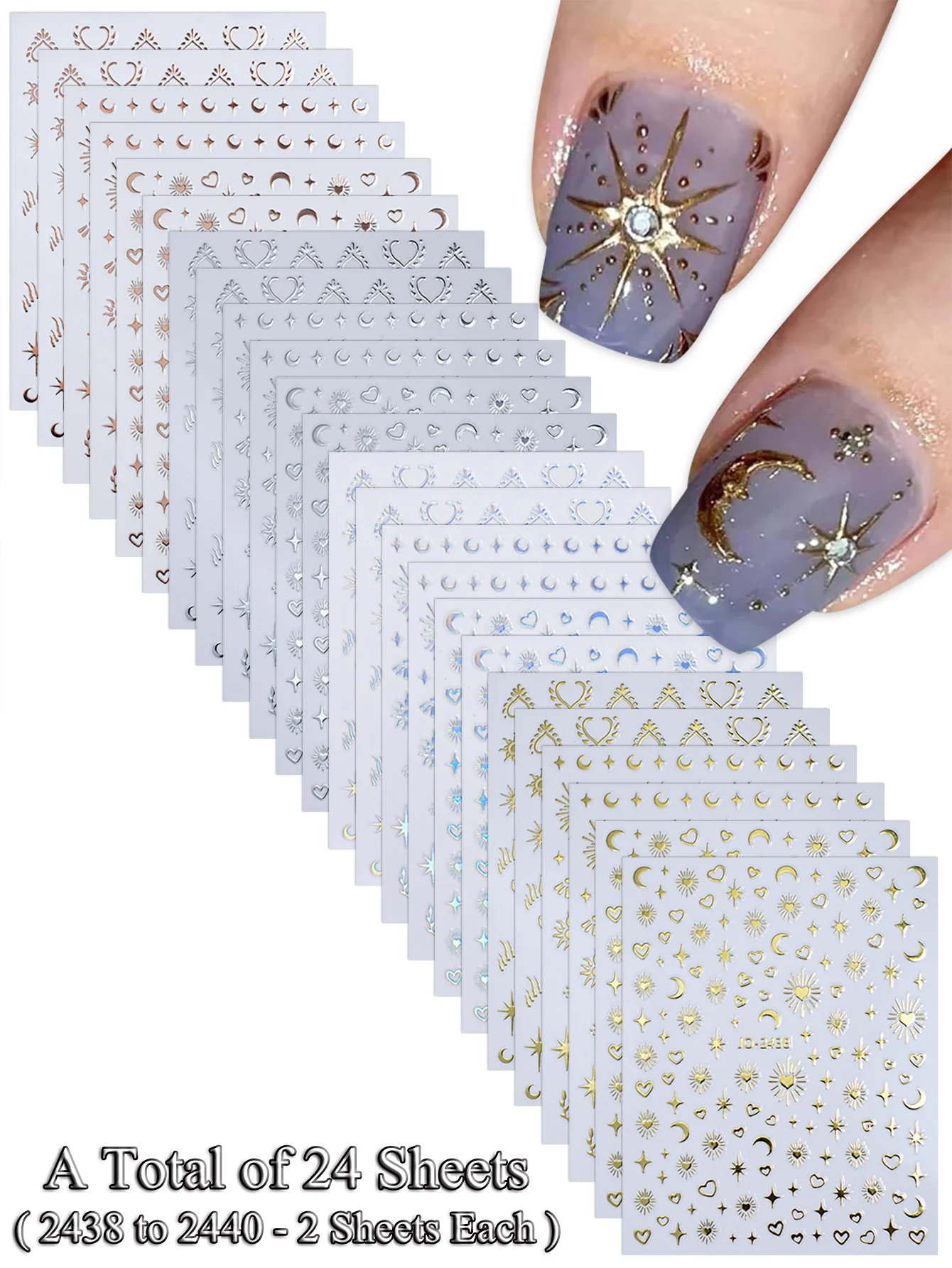 6/12/24 Vellen Gouden & Zilveren Ster, Maan & Hart Nagelstickers, Zelfklevende 3D Nageldecoratie Stickers voor DIY Manicure Decoratie