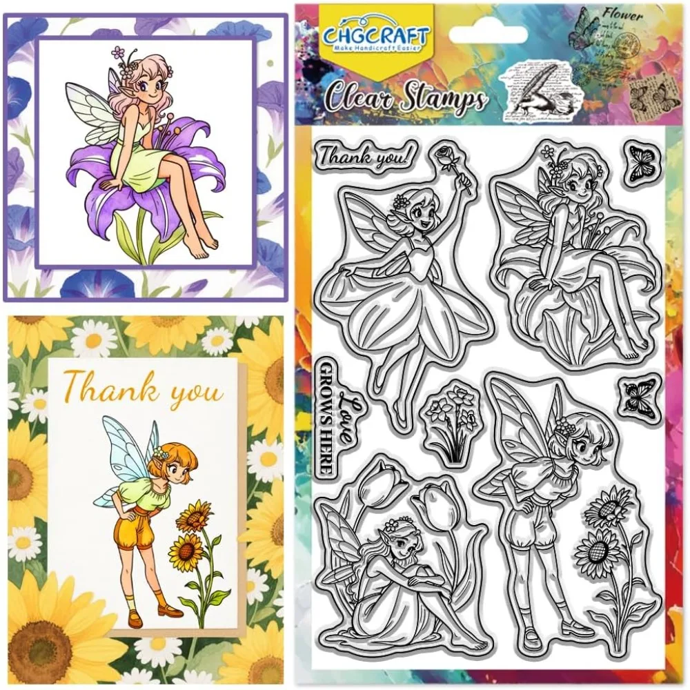 Transparente Stempel mit Blumenfee-Motiv, transparente Stempel mit Blumen- und Schmetterlingsmotiv, Stempelsiegel für die Kartenherstellung, DIY-Scrapbooking