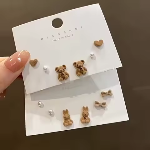 Cute Brown Flocked Bear Rabbit Earrings Set Funny Plush Small Stud Earrings Animal Earring for Women Girls Jewelry Gifts