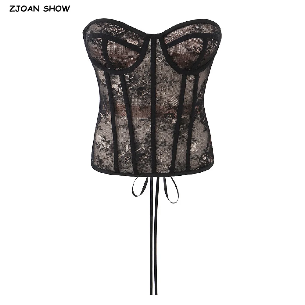 

Sexy See Through Black Lace With Lining Pad Bra Boned Corset Women Cross Lacing Up Bandage Back Strapless Tank Boning Crop Top
