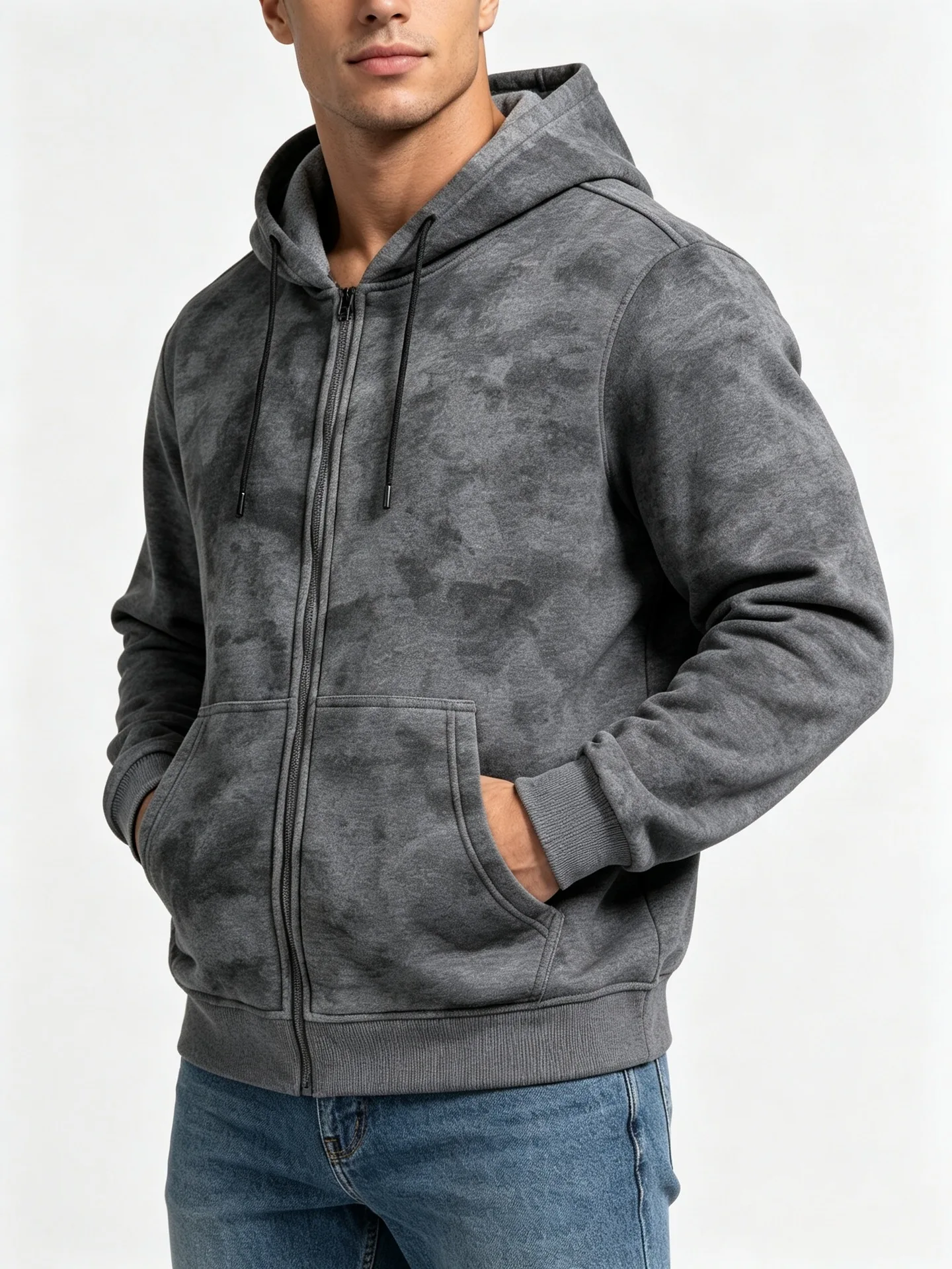 Men Tie Dye Zip Up Hoodie Heavyweight Full Zip Hooded Sweatshirt European High Street Loose Streetwear Autumn Casual Outerwear J