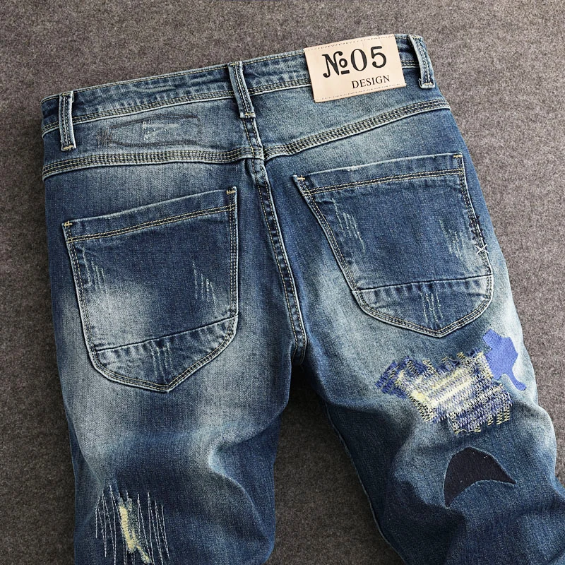 Street Fashion Men Jeans Retro Blue Stretch Slim Fit Patched Ripped Jeans Men Embroidery Designer Hip Hop Vintage Denim Pants