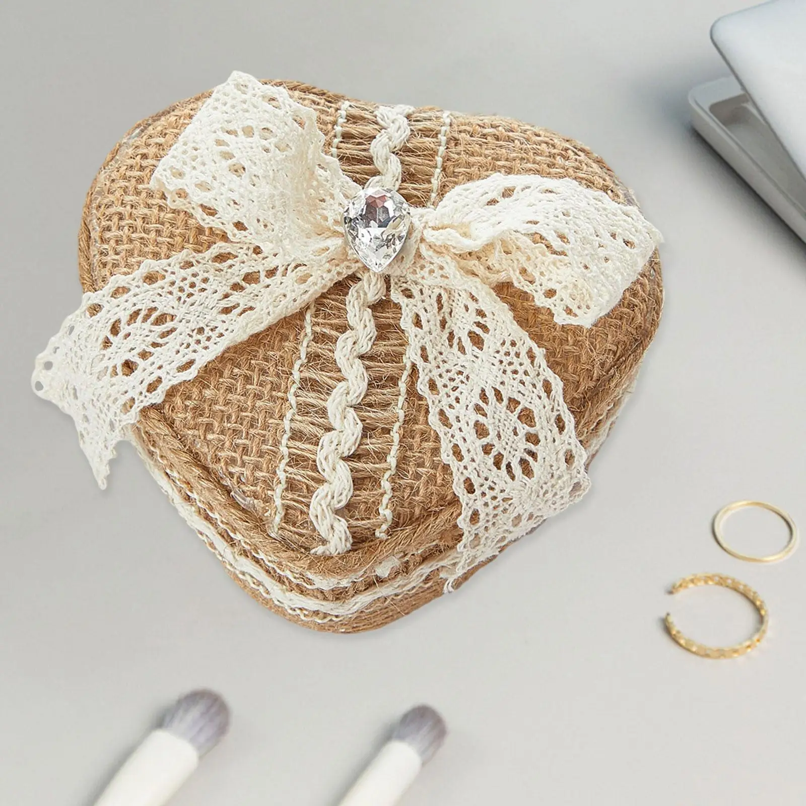 

Lace Bow Wedding Box Linen Jewelry Box Rustic Lightweight 2 Slots Trinket Display Holder for Bride for Gift Engagement