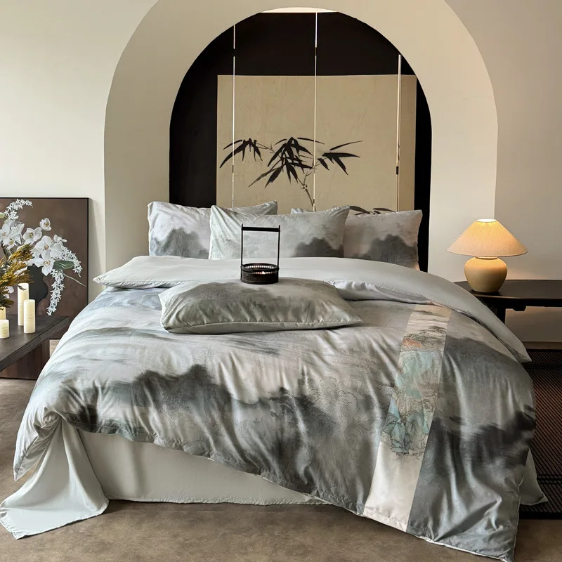 2025 New Chinese Digital Printing Bedding Set Washed Comfortable Soft Duvet Cover Kit Skin-Friendly Silky Single Bedroom Decor