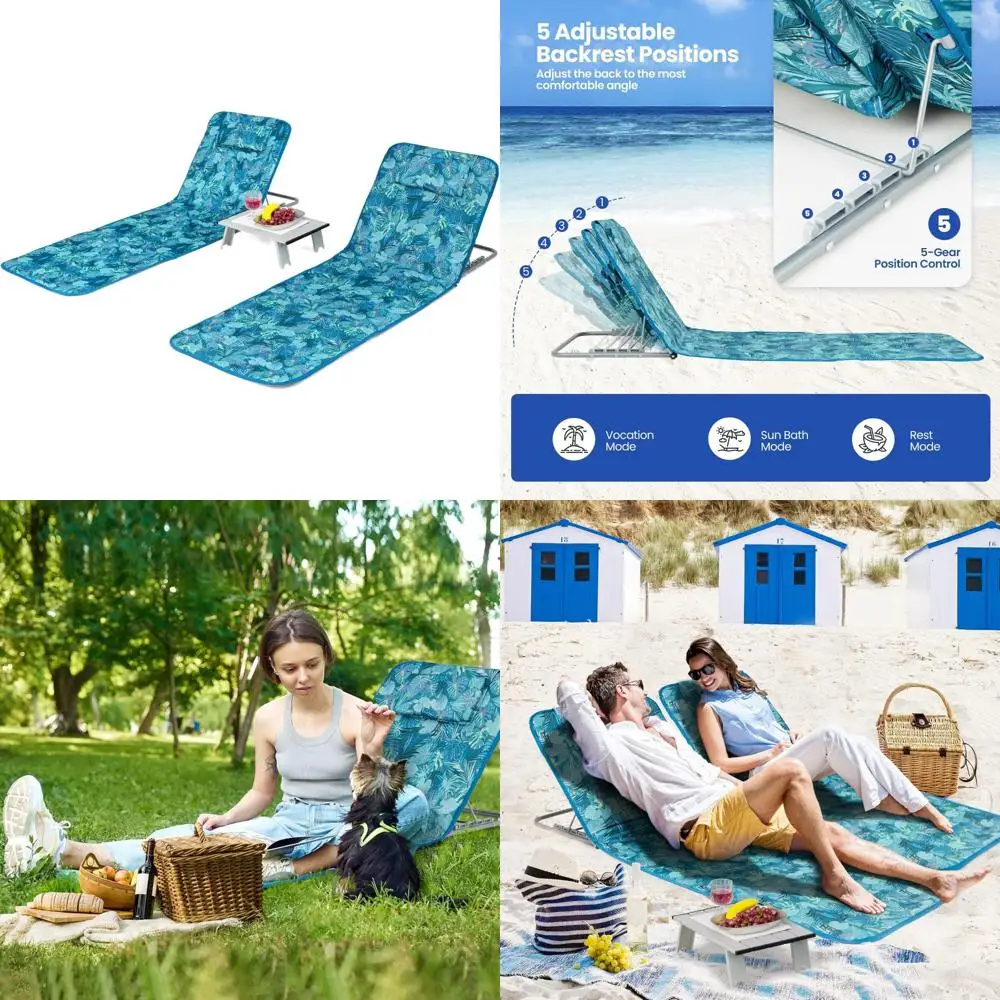 

Giantex Beach Chairs with Side Table - 2 Pack Folding Lounge Chairs for Adults, 5 Position Adjustable Lawn Chair for Outdoor Sun