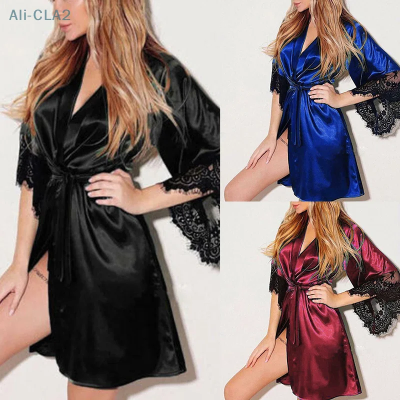 Women Nightwear Lace Satin Silk Nightdress Gown Robe Sleepwear Kimono Robe Dress