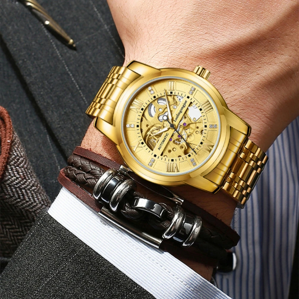 

Мужские механические часы Полый дизайн Мужские часы с простым и модным дизайном Классические водонепроницаемые спортивные часы Золотые мужские часы