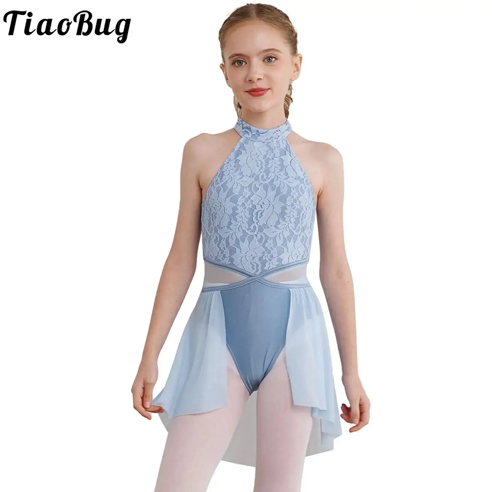 

Kids Girls Lyrical Dance Dress Ballet Figure Skating Gymnastics Leotard Sleeveless Floral Lace Caged Back Modern Dance Clothes